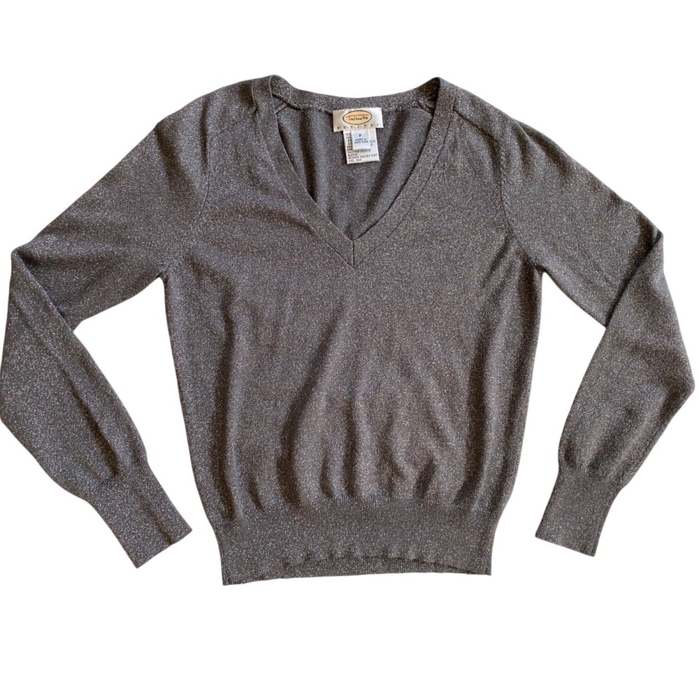 Talbots Petites Gray Silver Metallic Shimmer V-Neck Pullover Sweater Small P